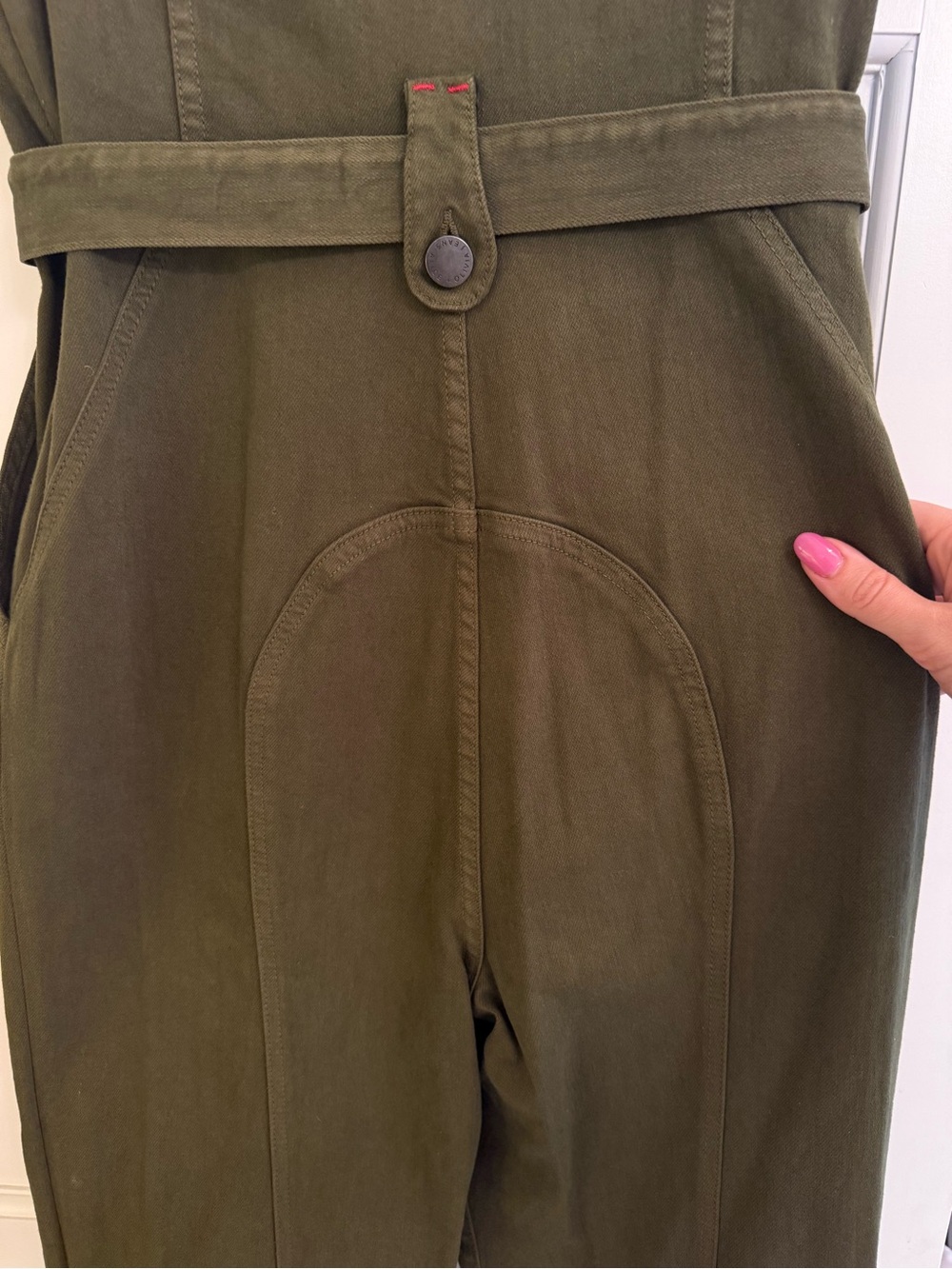 Alice + Olivia Olive Green Short-Sleeve Stretchy Denim Bell Bottom Jumpsuit - Picture 10 of 11